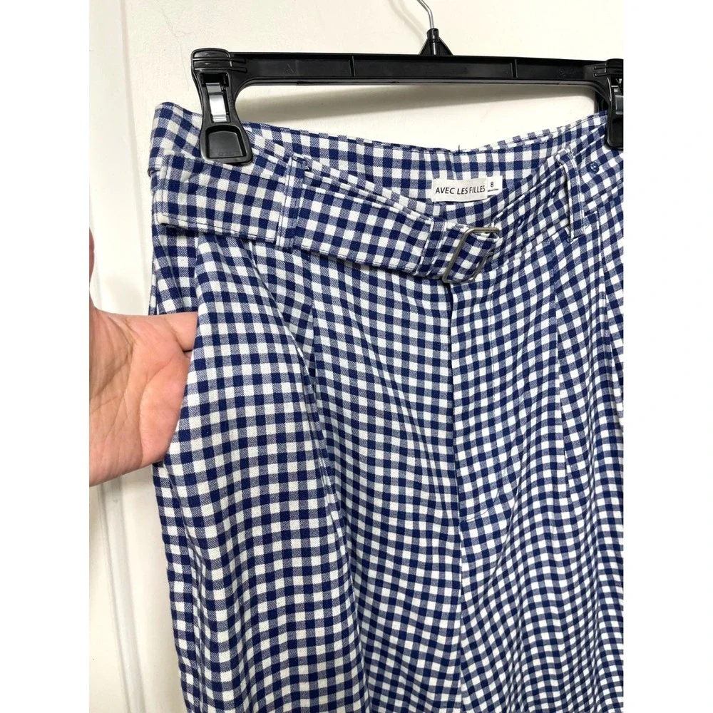 New Avec Les Filles Gingham‎ Linen Blend Belted Shorts Navy Blue White Size 8